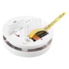 Front view of kidde firex mains powered optical smoke alarm showing open battery compartment with battery and pull-out tab