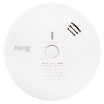 Front view of Kidde Firex mains powered heat alarm with alkaline battery backup showing circular white casing and central button