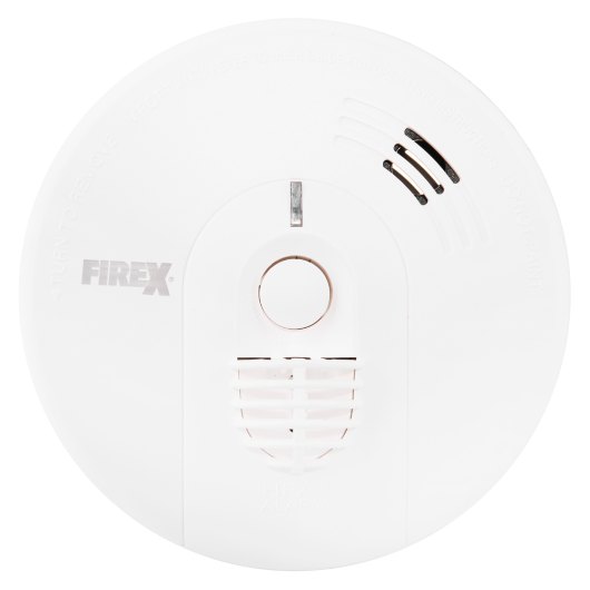Kidde Firex Mains Powered Heat Alarm Alkaline Battery Backup Front view of Kidde Firex mains powered heat alarm with alkaline battery backup showing circular white casing and central button