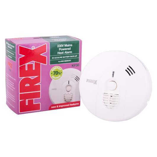 kidde firex mains powered heat alarm alkaline battery backup with packaging box visible alongside the device