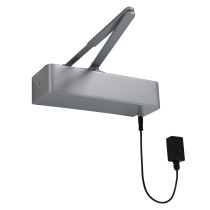 Image of the Rut24Ehdc Rutland Responder Electromagnetic Silver Door Closer front angled with attached wiring