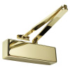 Rut3204Pb Rutland Door Closer in polished brass showing front view with arm and mounting bracket