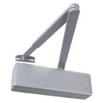 Silver rutland door closer with a square body and attached arm shown against a white background