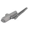 Angled view of a silver Rutland overhead door closer showing its main body and extended arm mechanism