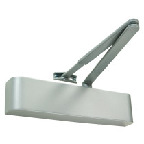 silver rutland door closer with rounded rectangular body and attached arm against a white background