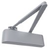silver rutland door closer with rounded rectangular body and attached arm against a white background
