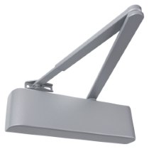 silver rutland door closer with rounded rectangular body and attached arm against a white background