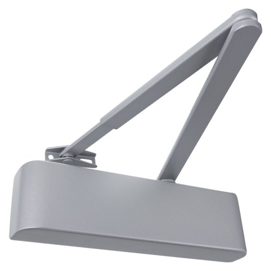 silver rutland door closer with rounded rectangular body and attached arm against a white background