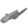 Angled view of rutland overhead door closer in silver showing main body and attached arm mechanism