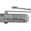Back view of the silver rutland overhead door closer showing product label and metal arm mechanism