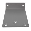 Silver metal bracket for rutland overhead door closer with five screw holes visible from above angle