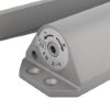 Closeup of the power adjuster on a silver rutland overhead door closer showing adjustment markings and screws