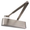 Close-up of a rounded rutland door closer satin finish showing its main body and arm mechanism