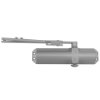 Front view of a satin nickel Rutland overhead door closer showing the main body and arm mechanism