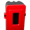 Closeup top view of the red and black thomas glover fire extinguisher cabinet showing the front panel and latch