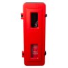 thomas glover fire extinguisher cabinet in red shown from the front with extinguisher visible through window panels