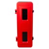 Front view of a red Thomas Glover fire extinguisher cabinet with two rectangular window panels