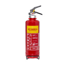 A red wet chemical fire extinguisher with a yellow label
