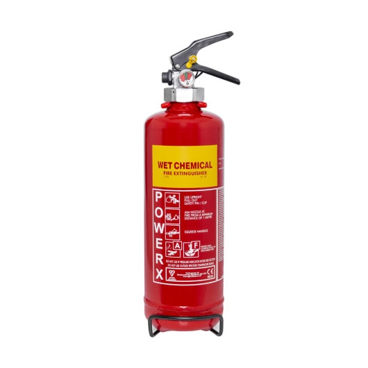 A red wet chemical fire extinguisher with a yellow label