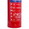 Bottom view of a powerx 3kg powder extinguisher showing label and instructions on the red cylinder