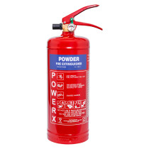 Front view of the powerx 3kg powder extinguisher showing the label and handle