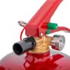 Close-up of the nozzle and valve assembly on a powerx 3kg powder extinguisher with pressure gauge visible