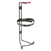 angled view of thomas glover powerx 3kg powder extinguisher bracket made of metal with red grips on top