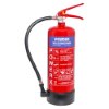 Front view of a powerx 4kg powder extinguisher showing red cylinder with label and hose attached