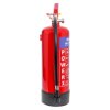Side view of the powerx 4kg powder extinguisher showing the red cylinder and attached black hose