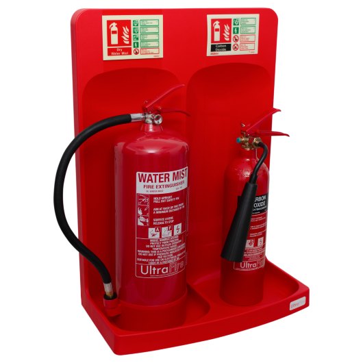 Ultrafire double premium stand red showing two extinguishers angled and mounted on the stand