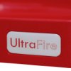 Close up of the UltraFire logo on a red surface of the ultrafire double premium stand red