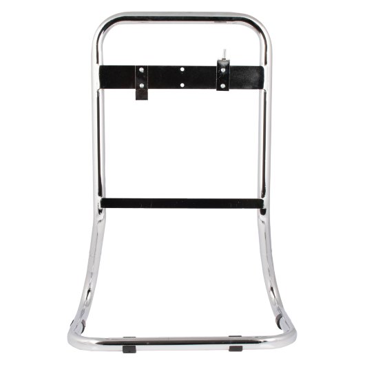 Front view of a double chrome extinguisher stand with curved frame and black mounting bracket