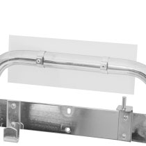 a close up of the plastic ID sign clip attached to the top of a double chrome fire extinguisher stand