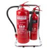 Front view of ultrafire extinguisher stand chrome double holding a water mist and a carbon dioxide extinguisher