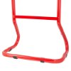 Bottom view of the red metal frame of the double red extinguisher stand with black grips on the base