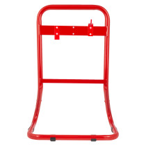 Front view of a double red extinguisher stand showing its tubular metal frame and mounting features