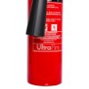 Base and lower section of an ultrafire 2kg co2 extinguisher showing label and part of the nozzle