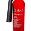 Close-up of details and label on an Ultrafire 5kg CO2 extinguisher showing instructions and certification marks
