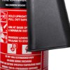 Ultrafire 5kg co2 extinguisher showing the black nozzle attached to the red cylinder with safety instructions visible