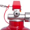 Closeup of the nozzle on the ultrafire 1kg powder extinguisher showing the metal valve and red safety lever