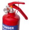 Handle and top part of ultrafire 1kg powder extinguisher showing red lever and pressure gauge