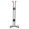 Ultrafire 2kg powder extinguisher bracket shown from the front with black metal frame and red protective caps