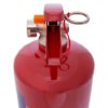ultrafire 2kg powder extinguisher showing a close-up of the red handle top with safety pin and valve components
