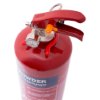 handle of ultrafire 2kg powder extinguisher shown close up in red with pressure gauge and safety pin
