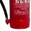 Close up of the bottom part of a red Ultrafire 6kg powder extinguisher showing safety and usage text
