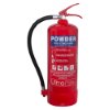 Front view of a red Ultrafire 6kg powder extinguisher with black hose and red handle