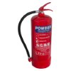 Angled view of an ultrafire 9kg powder extinguisher showing the label and hose attached to the top