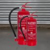 ultrafire water fire extinguisher 9l shown with a smaller 6l insitu extinguisher both red with black hoses