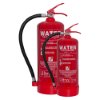 Two red Ultrafire water fire extinguishers in 9 litre and 6 litre sizes with black hoses and red levers