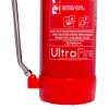 Red base and lower part of ultrafire 6l wet chemical extinguisher showing labels and metal handle attachment